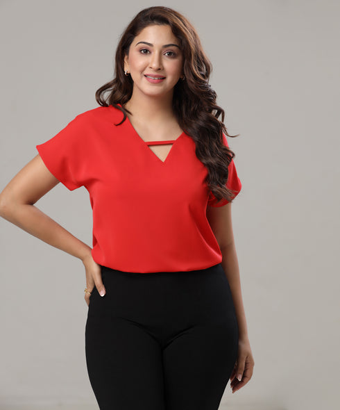 V-Cut Front Batwing Sleeve Red Top